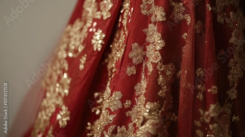 Elegant Red Dress with Golden Floral Embroidery