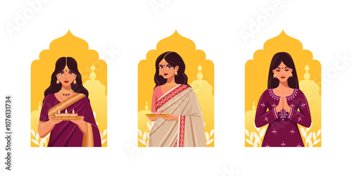 Vector set of Indian women wearing saree