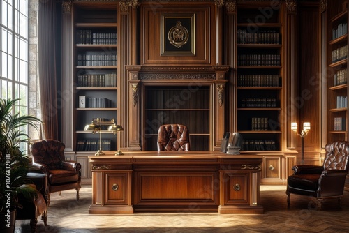 A classic, wooden office with a large desk, two chairs, and built-in bookshelves,  lined with books and a large window, and lamps on the desk. photo