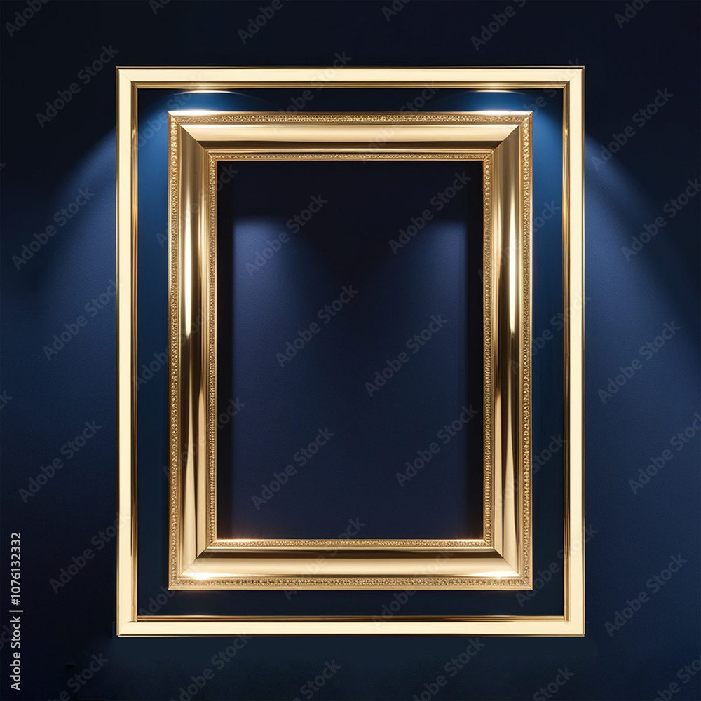 Golden frame with backlight on dark wall. Golden frame on dark blue background with empty space for creativity. Golden frame with backlight on dark wall. Golden frame on dark blue background with empty space for creativity.