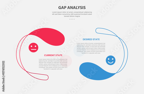 GAP Analysis infographic outline style with 2 point comparison template with creative half circle opposite direction for slide presentation