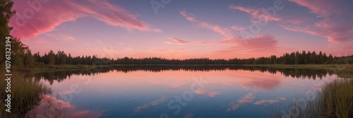 Pink and blue Sky And Mirror Like Lake On Sunset Background