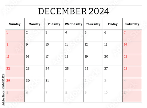 December 2024 ENGLISH month calendar. Vector printable illustration. Monthly planning for business events