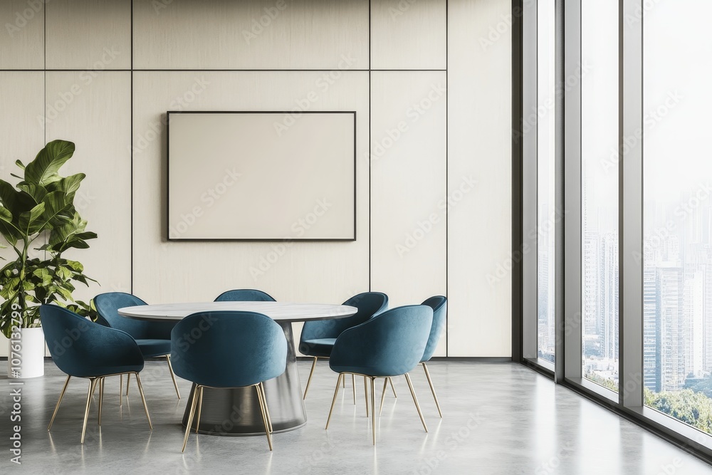 Fototapeta premium A modern office meeting room with a round table and chairs, a large window with a city view and a blank canvas.