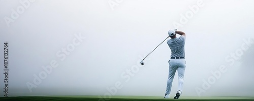 Professional golfer s full backswing on a misty morning, ethereal atmosphere, golf mist swing, calm and focus photo