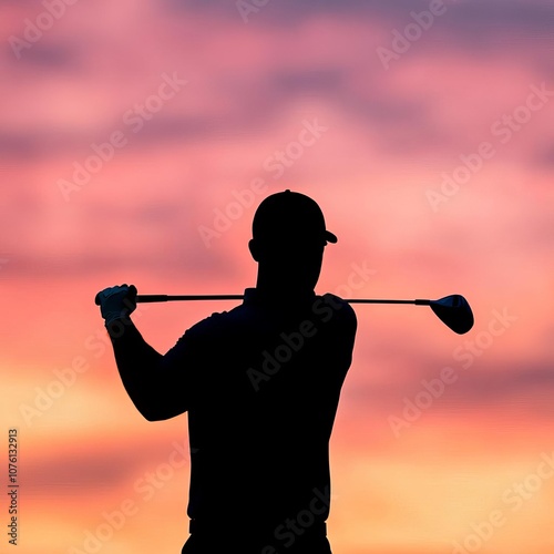 Silhouette of golfer s swing at dusk, warm colors in the sky, dusk swing, calm and beauty photo