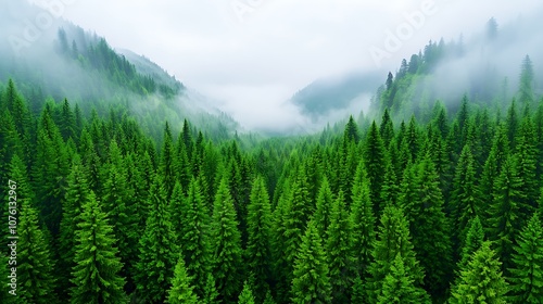 Misty Forest Canopy, Tall Evergreens, Lush Greenery