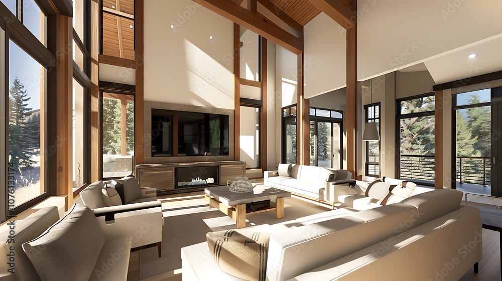 A well-lit modern living room with high ceilings, a large flat-screen TV, and wood panel accents A well-lit modern living room with high ceilings, a large flat-screen TV, and wood panel accents