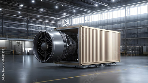 3D Rendering of a Jet Engine Inside a Cargo Container