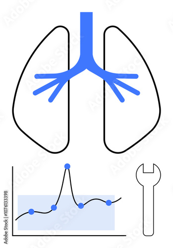 Lungs with bronchial tree data graph with points and wrench. Ideal for health, medicine, diagnostics, technology, data analysis, repair, innovation. Line metaphor