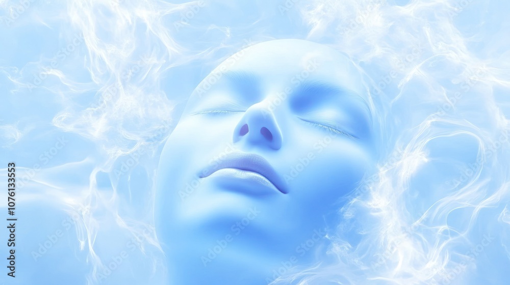 A serene blue face emerges from a misty background, evoking calmness and tranquility. A serene blue face emerges from a misty background, evoking calmness and tranquility.