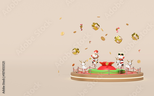 Carousel or merry go round with santa claus, reindeer, bag, coin, gift box, candy cane stick isolated on beige background. merry christmas and happy new year, 3d render illustration