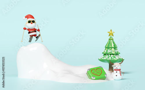 Santa Claus skiing with snow hill, suitcase, christmas tree, snowman isolated on blue background. merry christmas and festive new year holiday travel concept, 3d illustration render