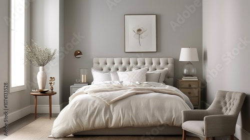 A sophisticated gray bedroom with a tufted headboard and metallic accents.