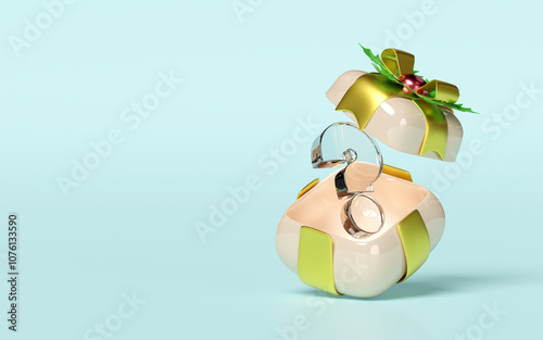 3d transparent question mark symbol icon with open gift box isolated on blue background. FAQ or frequently asked questions, merry christmas and festive new year concept, 3d illustration render