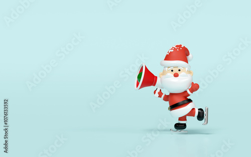 Santa Claus playing ice skating holding megaphone with copy space isolated on blue background. merry christmas, festive new year concept, 3d render illustration