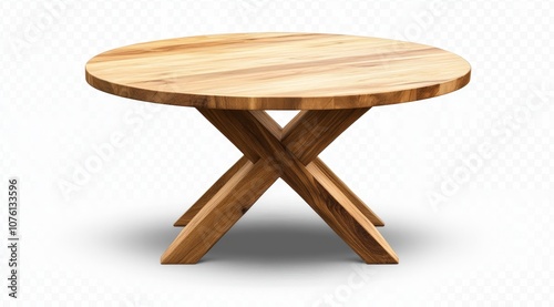 Round wooden table with an X-shaped base isolated on a white background.