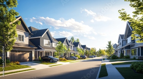 A quiet residential street lined with houses on a sunny day.