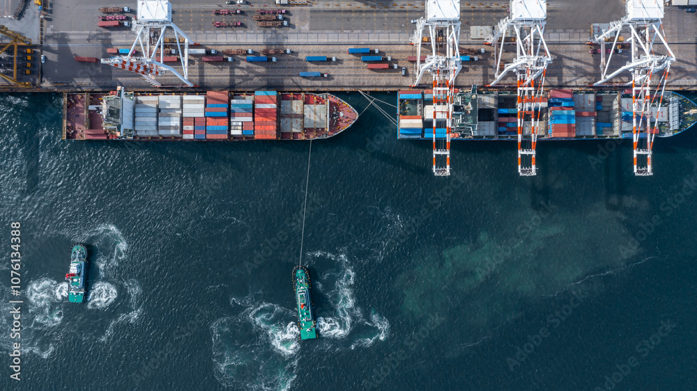 Container cargo ship global business logistic import export transportation, Container cargo ship freight shipping shipment international, Industrial business logistic freight by container cargo ship.