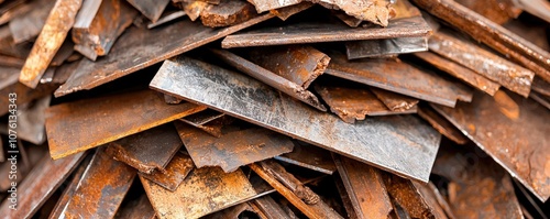 A close-up of a chaotic pile of rusty metal scraps, showcasing various textures and colors typical of aged steel and iron.