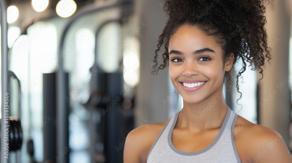 Fitness Enthusiast Smiling in Gym with Equipment Surrounding Fitness Enthusiast Smiling in Gym with Equipment Surrounding