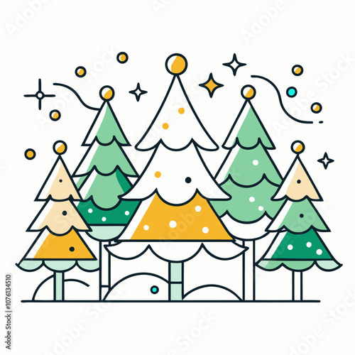 Snowy Pines & Lights Line Art on White Background