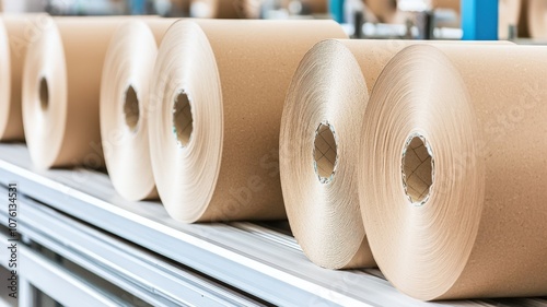The image shows rolls of brown kraft paper stacked neatly in a manufacturing facility, highlighting an organized workspace for paper production.