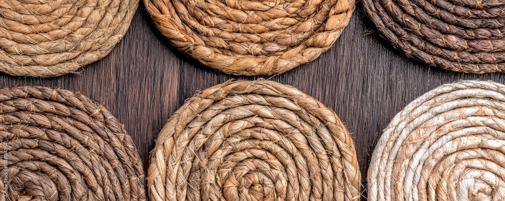 A textured display of round, woven coasters in various natural tones arranged neatly on a wooden surface.