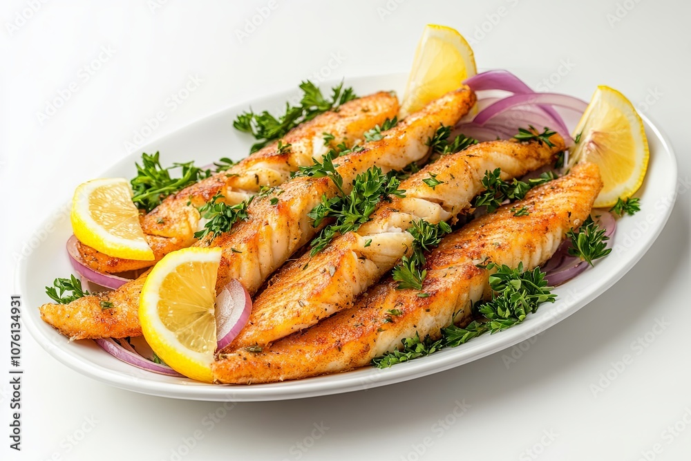 Freshly cooked thin fish garnished with lemon and herbs on a white plate served with red onion slices Freshly cooked thin fish garnished with lemon and herbs on a white plate served with red onion slices