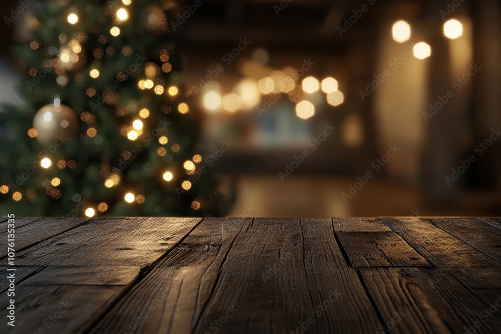 Rustic wooden table, warm, defocused Christmas lights in the background, cozy, festive atmosphere - holiday warmth and celebration Rustic wooden table, warm, defocused Christmas lights in the background, cozy, festive atmosphere - holiday warmth and celebration