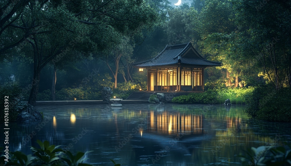 Fototapeta premium A tranquil Japanese-style pavilion with illuminated windows, nestled within a lush forest and reflecting in a still pond.