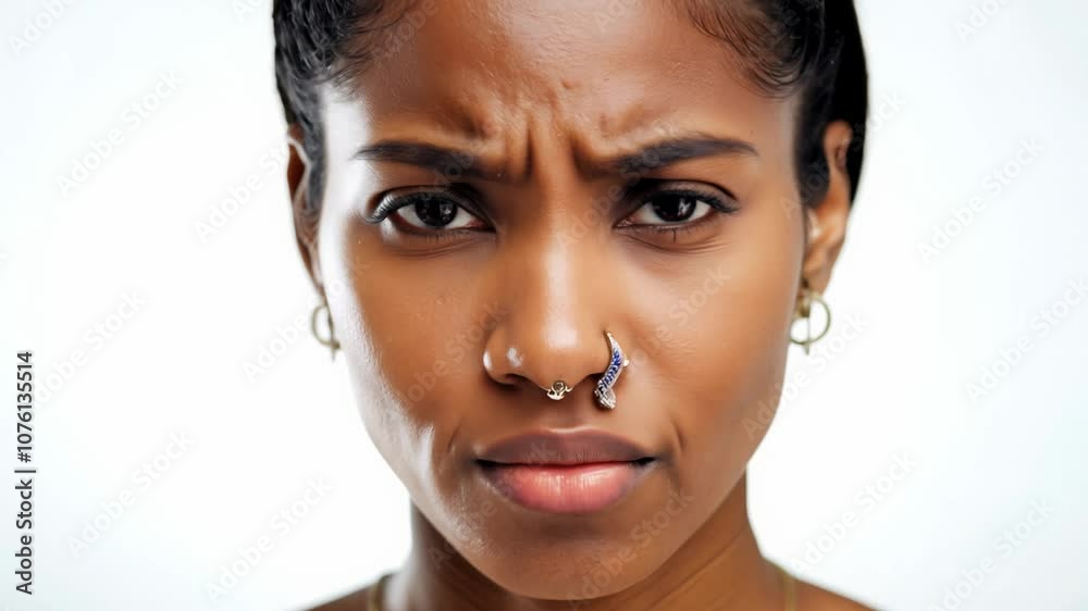 Close-up video of young woman with nose ring, defiant expression, studio key light, white background, static camera. Close-up video of young woman with nose ring, defiant expression, studio key light, white background, static camera.