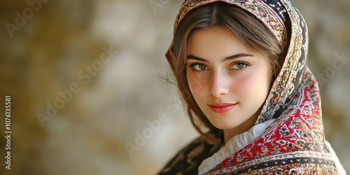 Captivating Gaze: A young woman with captivating eyes and a soft smile, adorned in a traditional headscarf, exudes an air of grace and beauty. 