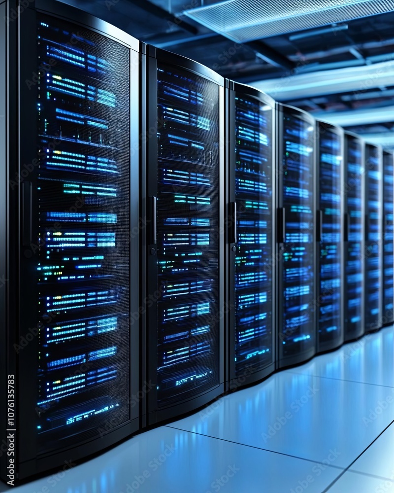 Row of sleek data servers in a modern data center, illuminated by blue lights. Row of sleek data servers in a modern data center, illuminated by blue lights.