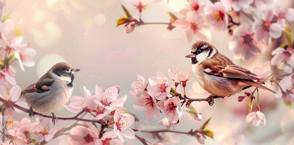 Two Sparrows Perched on Cherry Blossom Branches Two Sparrows Perched on Cherry Blossom Branches