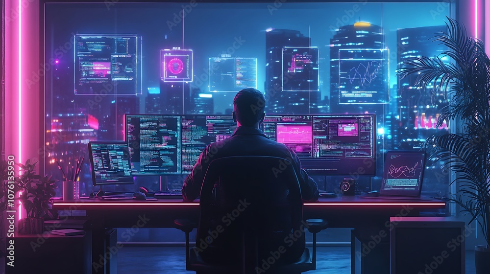 AI developer analyzing neural network code, floating holographic icons depicting data flow and machine learning models, sleek modern office setup with neon reflections, photorealistic detail, AI developer analyzing neural network code, floating holographic icons depicting data flow and machine learning models, sleek modern office setup with neon reflections, photorealistic detail,