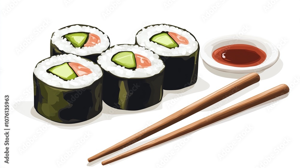 Fresh sushi rolls with soy sauce and wasabi, isolated on white background Fresh sushi rolls with soy sauce and wasabi, isolated on white background