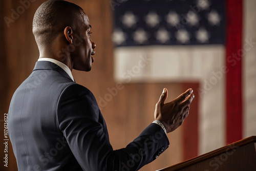 Black man speaking confidently at a podium in front of an American flag during a formal event in a community center