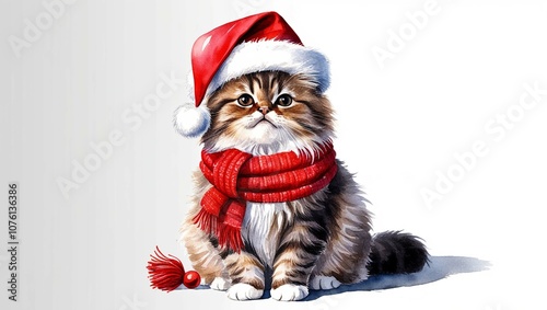 Festive Persian Cat in Santa Hat and Scarf – Watercolor Christmas Illustration. Generated with AI