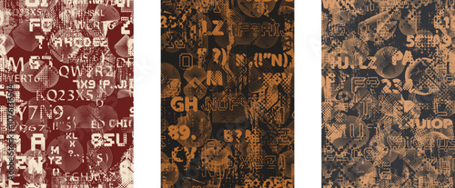 Set of posters with glitch distorted grunge texture. Poster collection texture with halftone dots, glitched shapes, textures and lines .Screen print vector poster pack with grunge textured surface