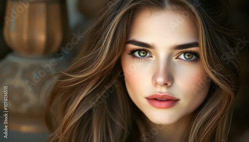 Woman with long brown hair and green eyes