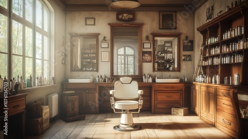 A vintage barbershop with a barber chair in the center, two sinks, shelves full of products, and a large window.