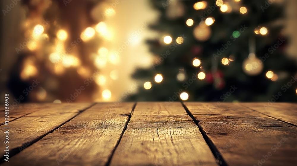 Rustic wooden table, warm, defocused Christmas lights in the background, cozy, festive atmosphere - holiday warmth and celebration Rustic wooden table, warm, defocused Christmas lights in the background, cozy, festive atmosphere - holiday warmth and celebration
