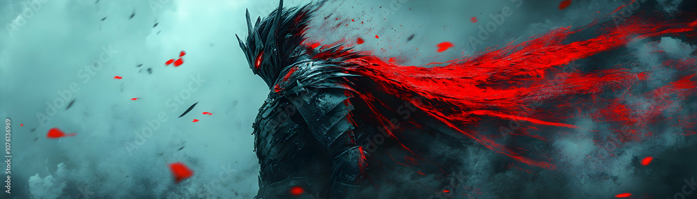 Digital Illustration of a Dark Knight With a Red Cape Blowing in the Wind Digital Illustration of a Dark Knight With a Red Cape Blowing in the Wind