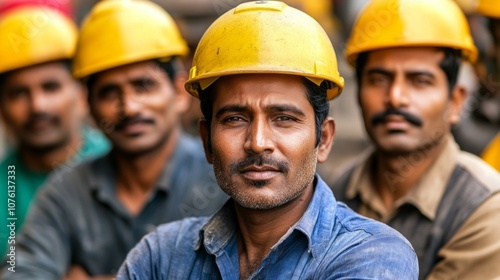 A group of men wearing yellow hard hats are standing together