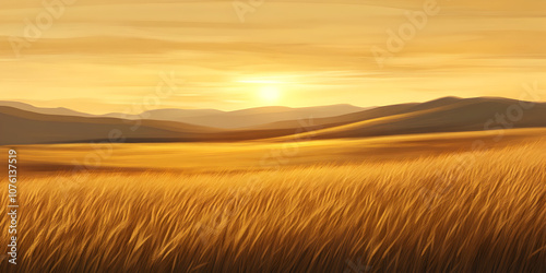 Golden Hour Serenity: A breathtaking panorama of a sun-drenched field, bathed in the warm glow of a setting sun, whispers of tranquility and boundless possibilities.