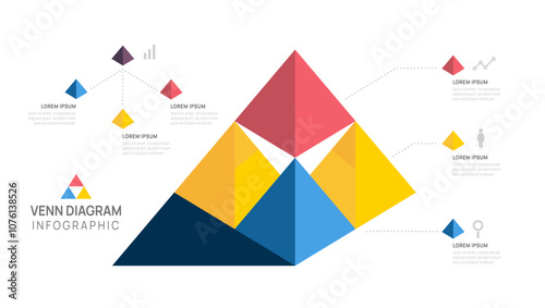 Infographic pyramid Venn diagram chart template for business 3 parts, options, presentation with venn diagram elements vector illustration.