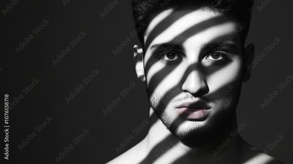 Portrait of a Young Man with Striking Features Illuminated by Dramatic Light and Shadow Patterns Creating an Artistic and Mysterious Atmosphere