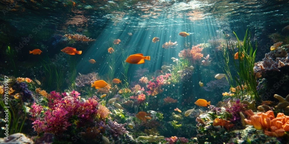 Naklejka premium Underwater Aquarium Scene Featuring Colorful Exotic Fish High Quality Visual Representation of Aquatic Life in an Impressive Aquatic Environment.