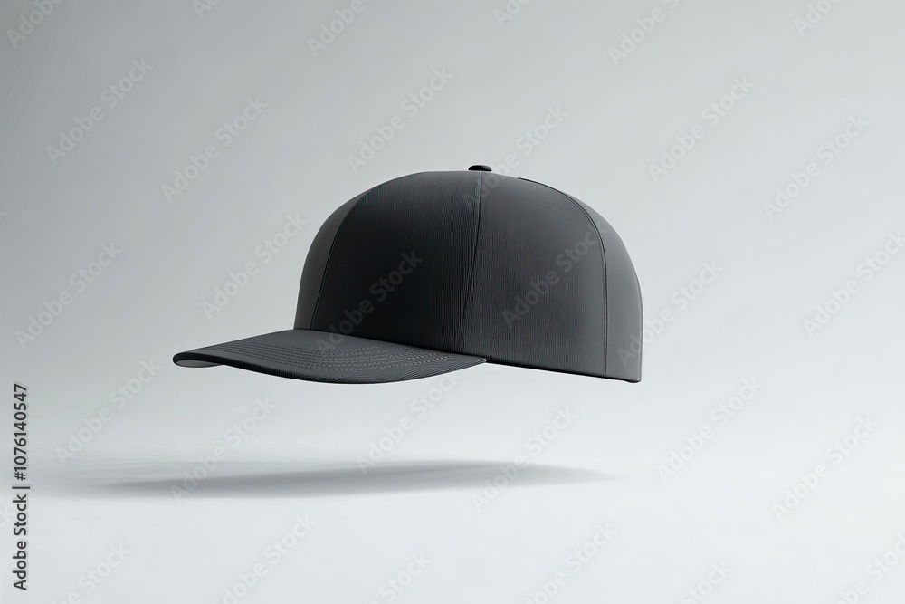 A minimalist black cap with a flat brim, front-facing and gently tilted to the side, hovering in mid-air against a smooth light gray background. generative ai A minimalist black cap with a flat brim, front-facing and gently tilted to the side, hovering in mid-air against a smooth light gray background. generative ai